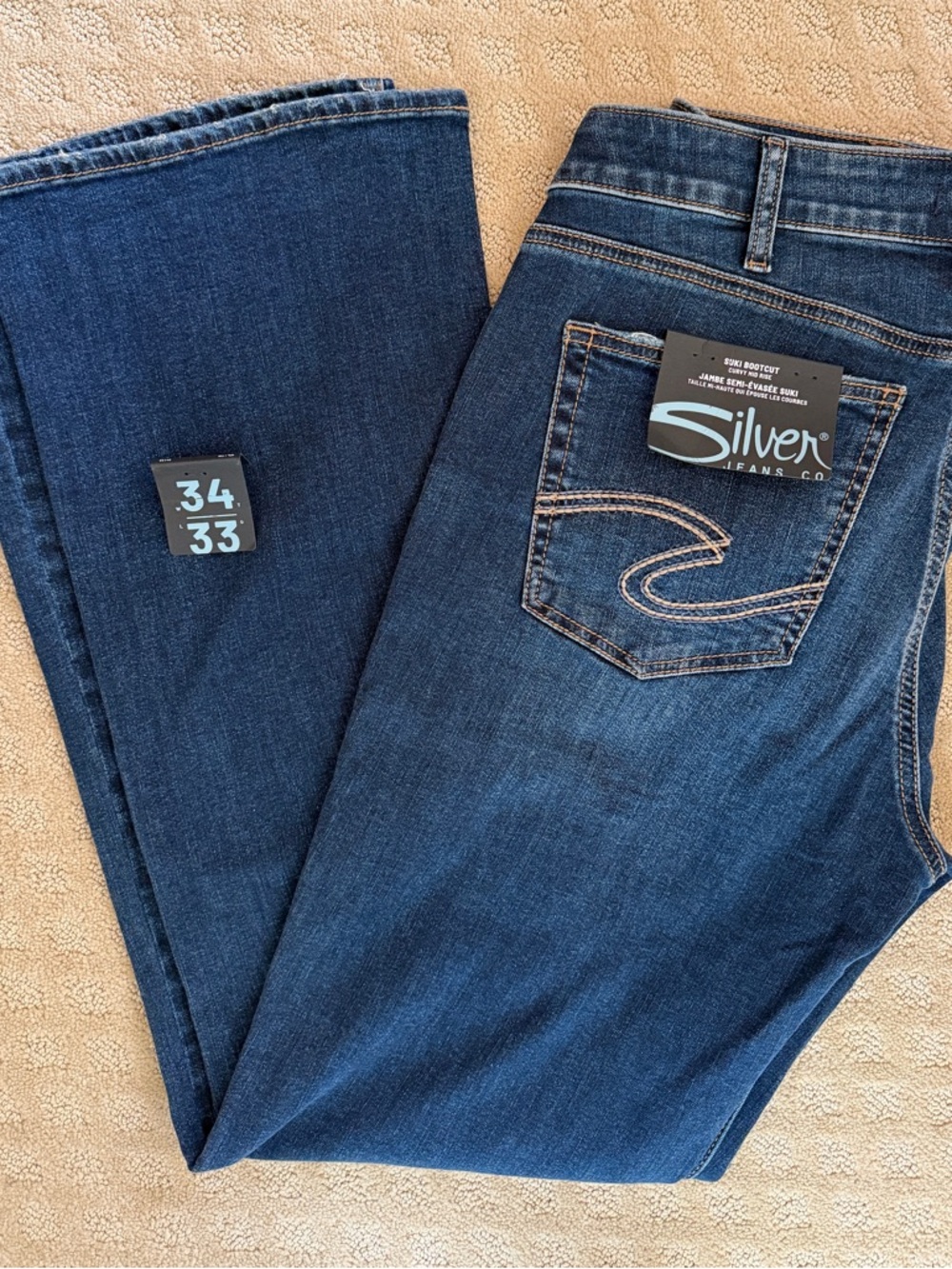 NWOT. Silver Jeans Co. Dark Blue Suki Bootcut 34/33
